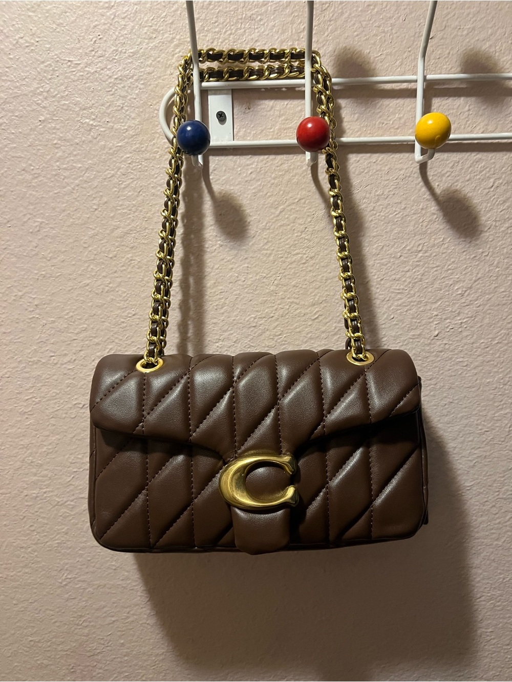 Coach Quilted Brown Shoulder Bag with Gold Chain & C Clasp